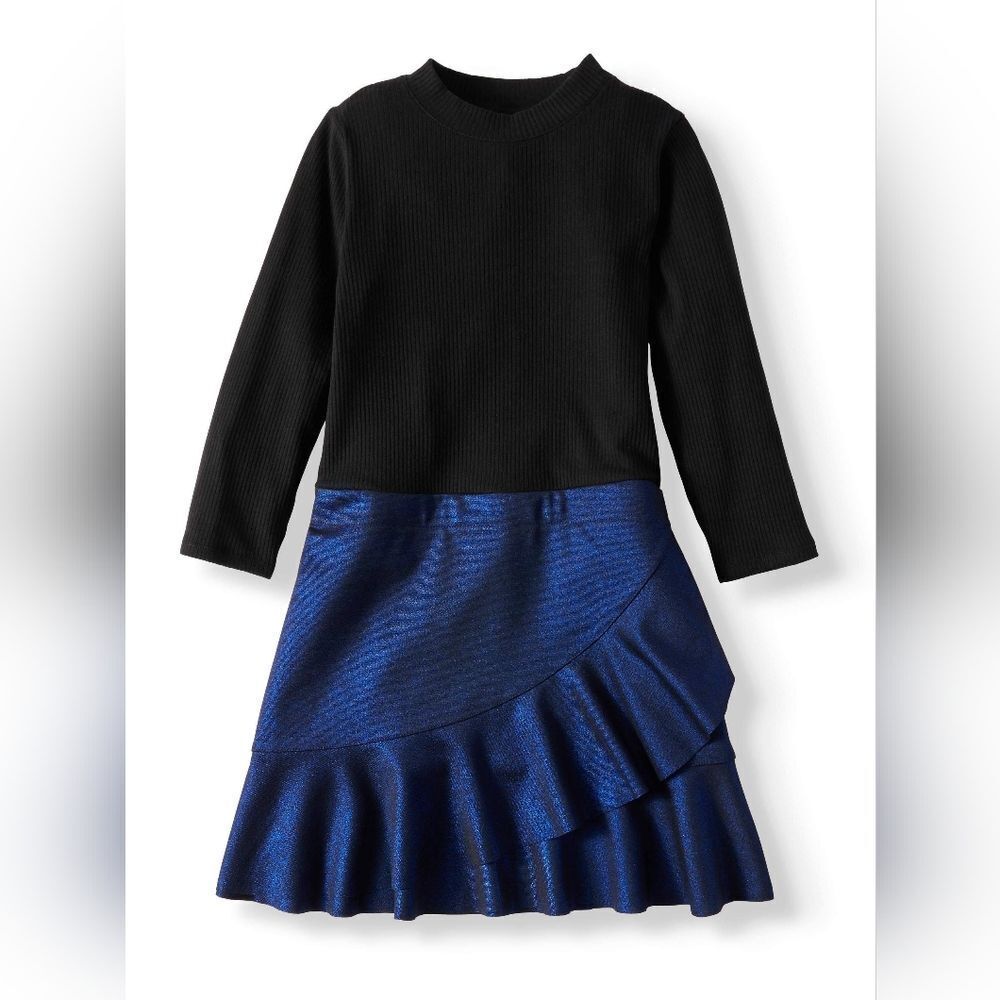 Wonder Nation Girls Knit Metallic Ruffle Hem Dress Black Soot Blue Sz S 6 6x